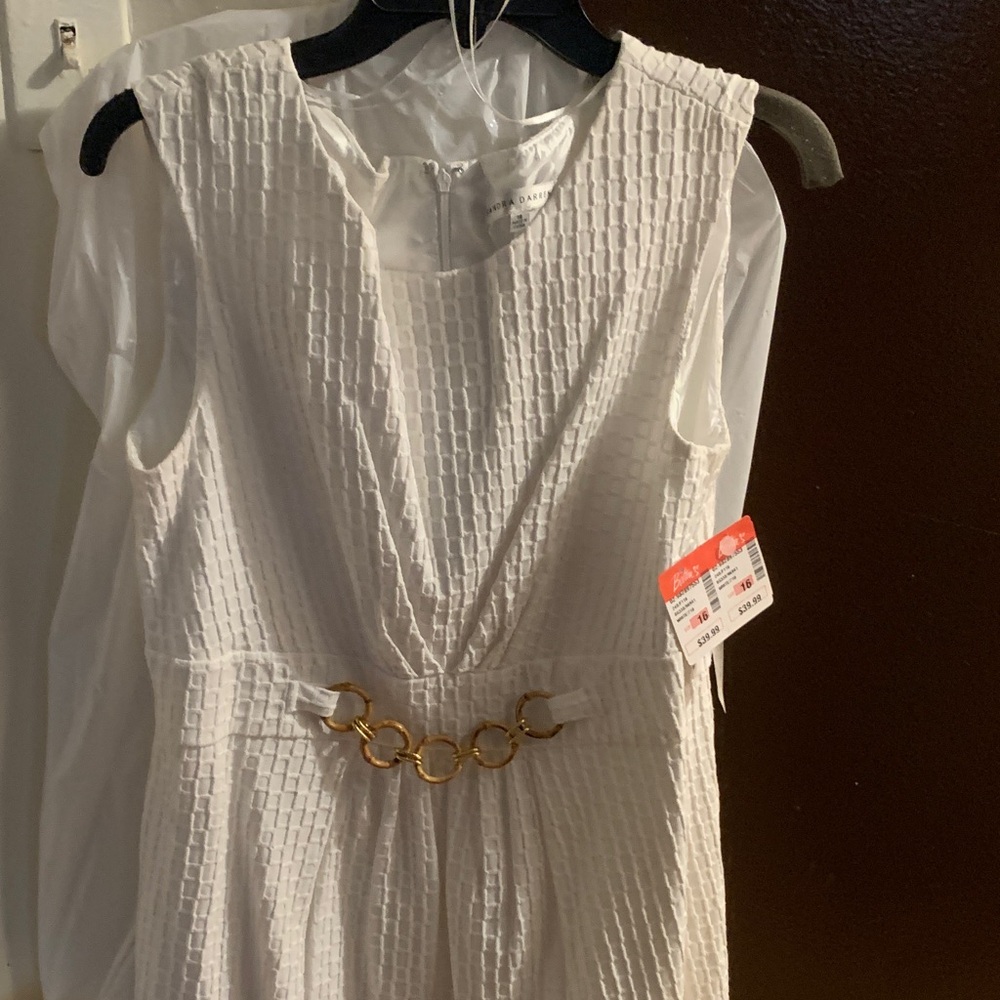 Sandra Darren White Textured Dress with Gold Accent